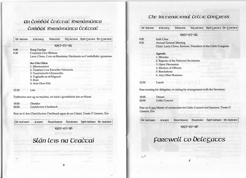 Information on The Celtic Congress at University College Dublin in Ireland 1997