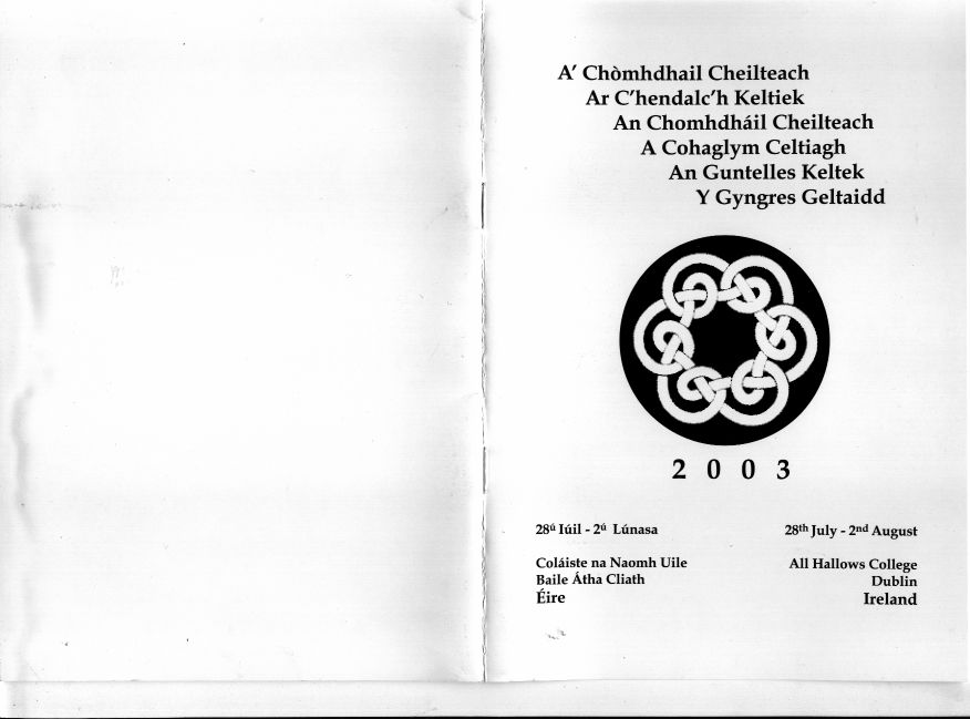Information on The Celtic Congress at All Hallows College, Dublin in Ireland 2003